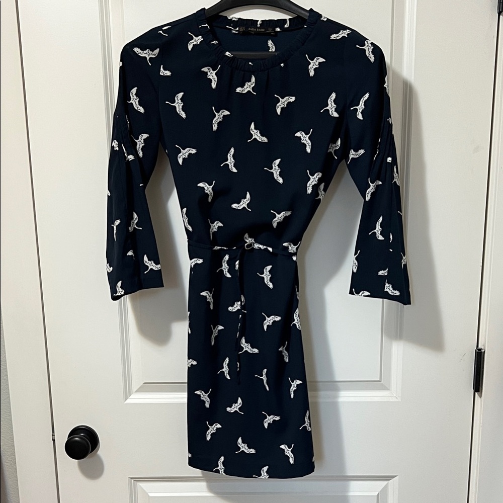 Zara Basic Navy and White Bird Print Dress
